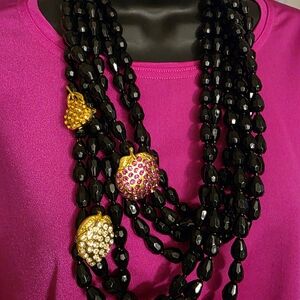 Sassy Jones Black Beaded Necklace with Gold and Pink Fruit Brooches